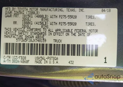 2018 Toyota Tundra Sr5 5.7L V8 из США, поврежденный, VIN 5TFDW5F18JX748159